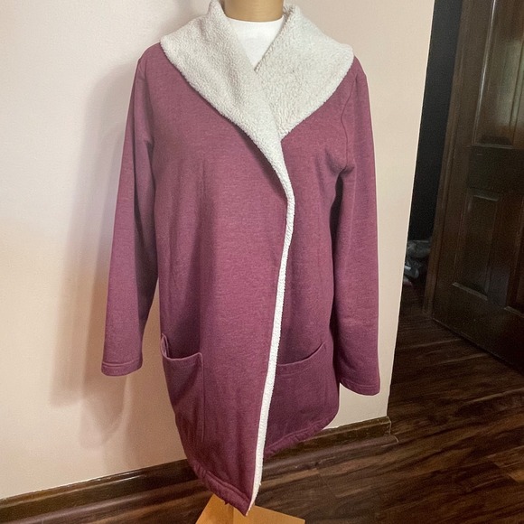 Eddie Bauer Sweaters - Eddie Bauer Womens XL Sherpa Lined Open Front Cardigan Jacket Burgundy
